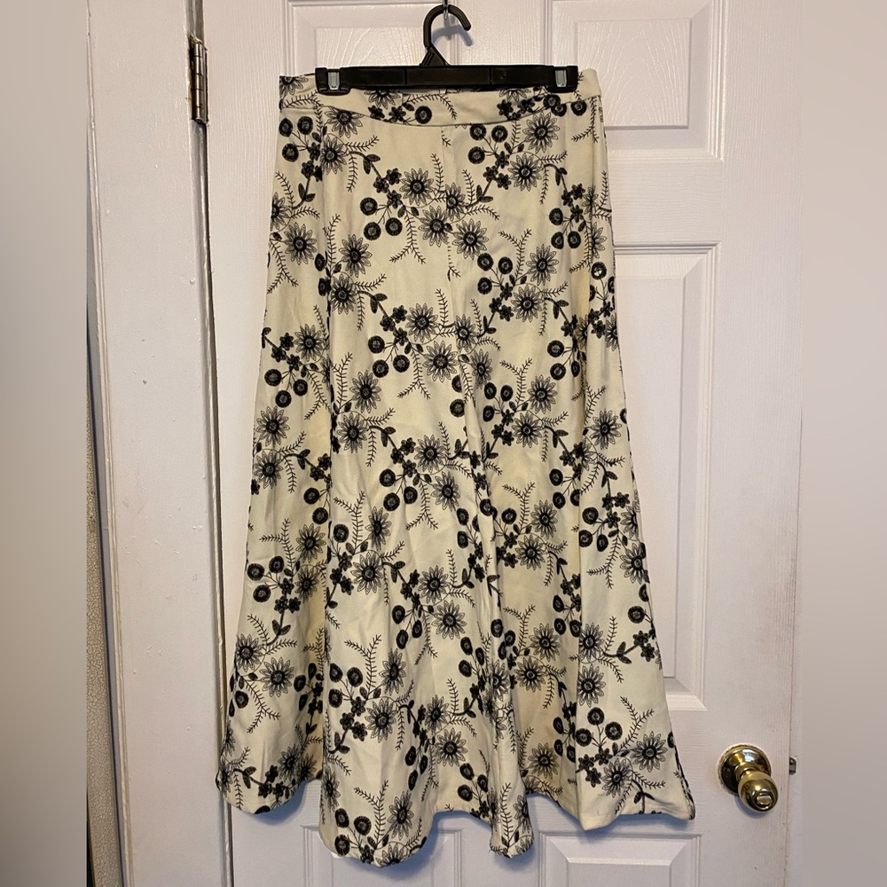 Cream and Black Embroidered Corduroy Maxi Skirt with Back Zipper